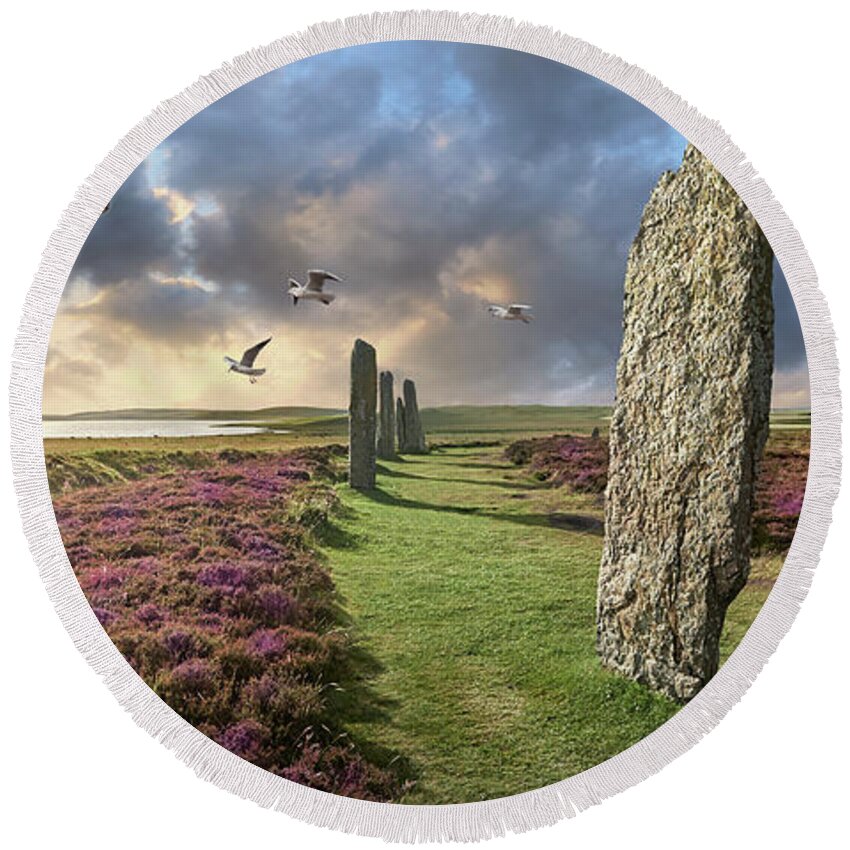 Ring Of Brodgar Round Beach Towel featuring the photograph Ancient Stone - Photo of The Ring of Brodgar Stone Circle, Orkney #1 by Paul E Williams