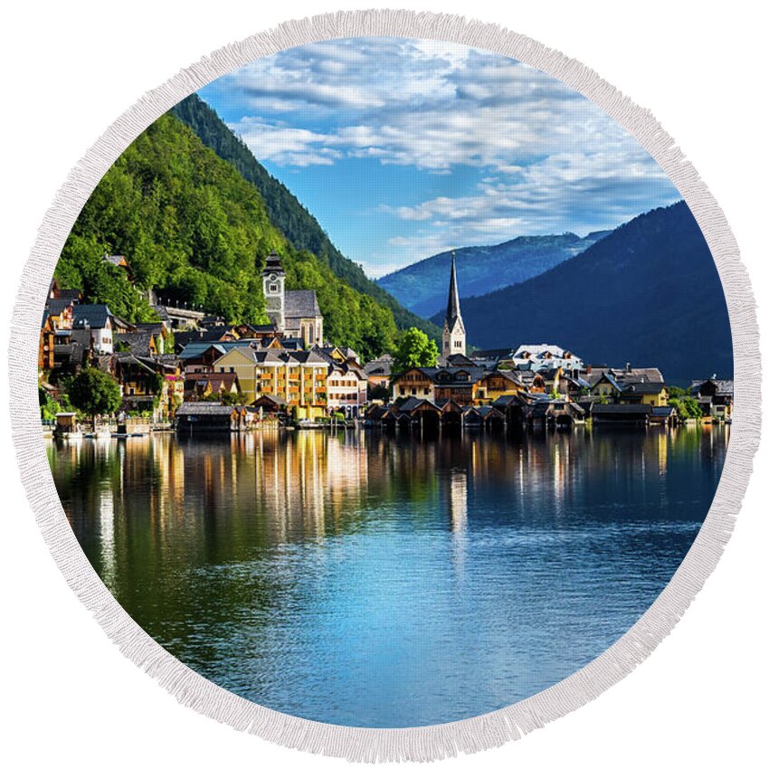 Austria Round Beach Towel featuring the photograph Picturesque Lakeside Town Hallstatt At Lake Hallstaetter See In Austria by Andreas Berthold