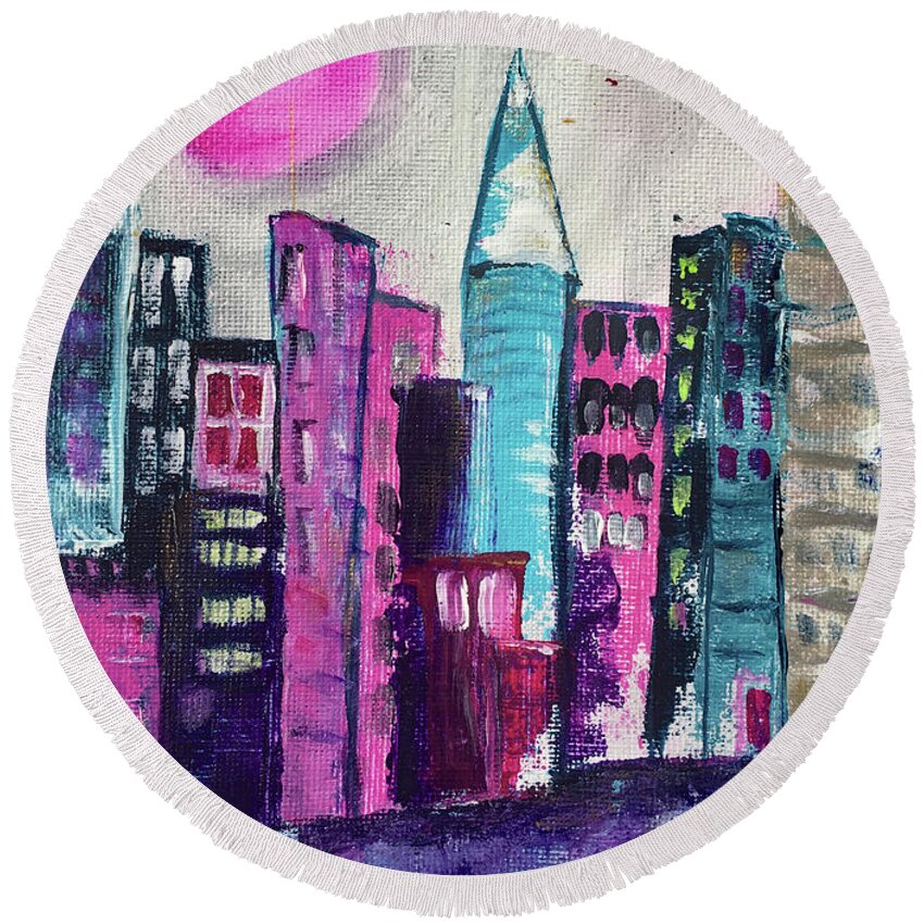City Round Beach Towel featuring the painting Pink Moon City by Roxy Rich