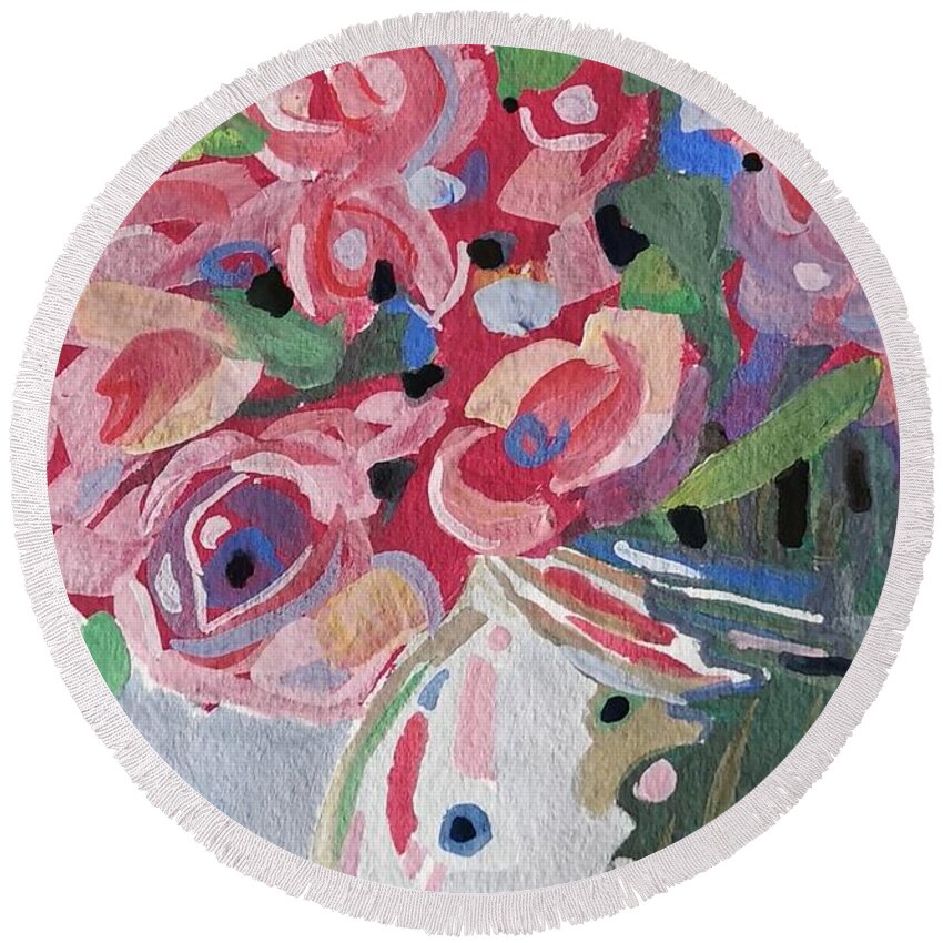 Still Life Round Beach Towel featuring the painting Pink Roses by Sheila Romard