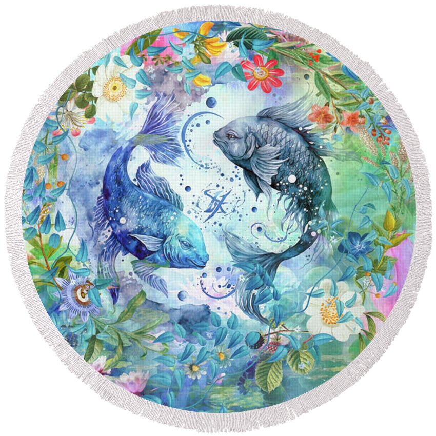Zodiac; Horoscope; Astrology Sign; Fishes; Fish; Water; Flowers; Floral; Digital Art; Mixed Media; Puzzle Art; Painting; Illustration; Story; Metaphysical; Inspiring; Water Round Beach Towel featuring the digital art Pisces #1 by Claudia McKinney