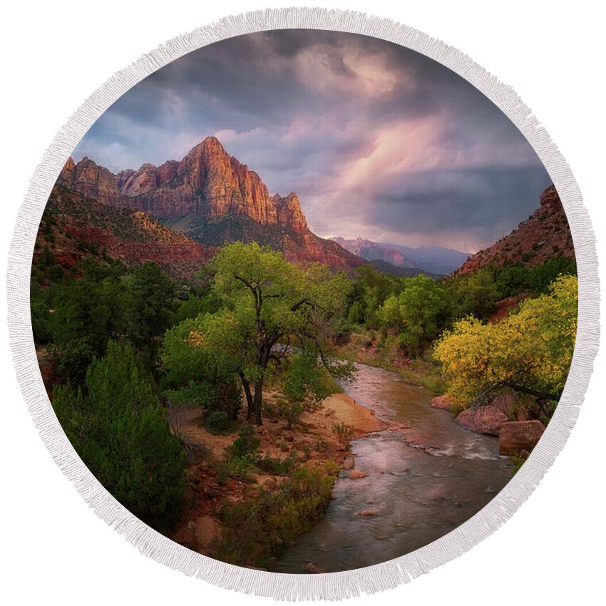 Wall Photo Round Beach Towel featuring the photograph Postcards Shot of Zion National Park #2 by Celia Zhen