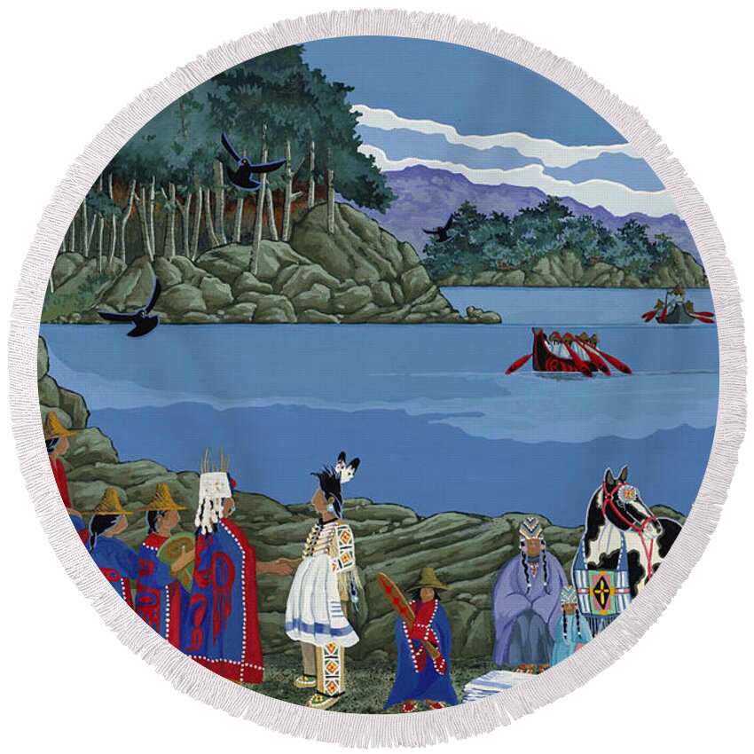 Native American Artwork Round Beach Towel featuring the painting Potlatch We Are All Related #1 by Chholing Taha