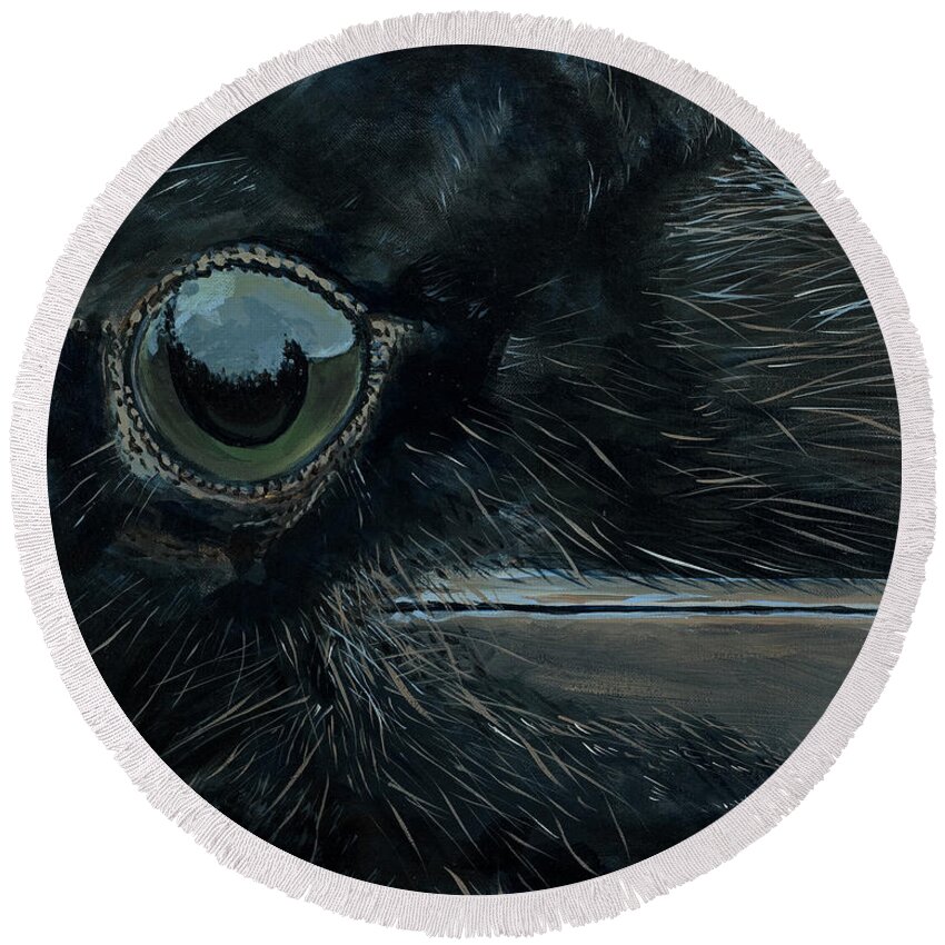 Raven Round Beach Towel featuring the painting Raven's Eye by Les Herman