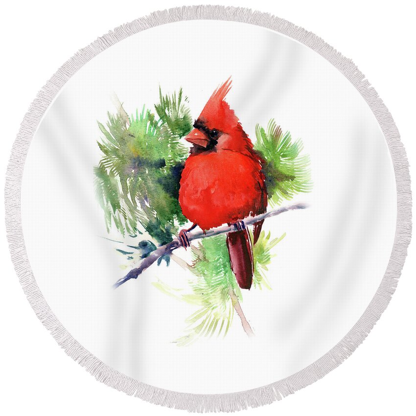 Cardinal Bird Round Beach Towel featuring the painting Red Cardinal Bird #1 by Suren Nersisyan