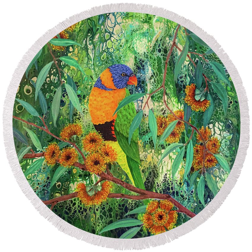 Lorikeet Round Beach Towel featuring the painting Red-collared Lorikeet by Lucy Arnold