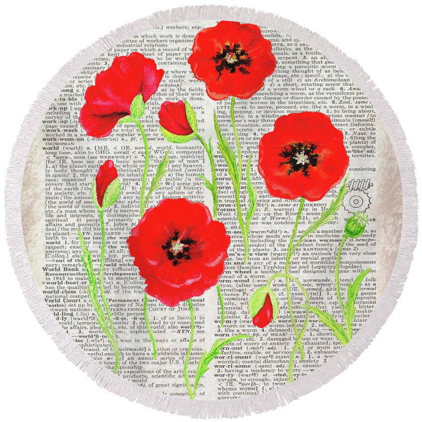 Dictionary Round Beach Towel featuring the painting Red Poppies Wildflowers Dictionary Page Watercolor #1 by Irina Sztukowski