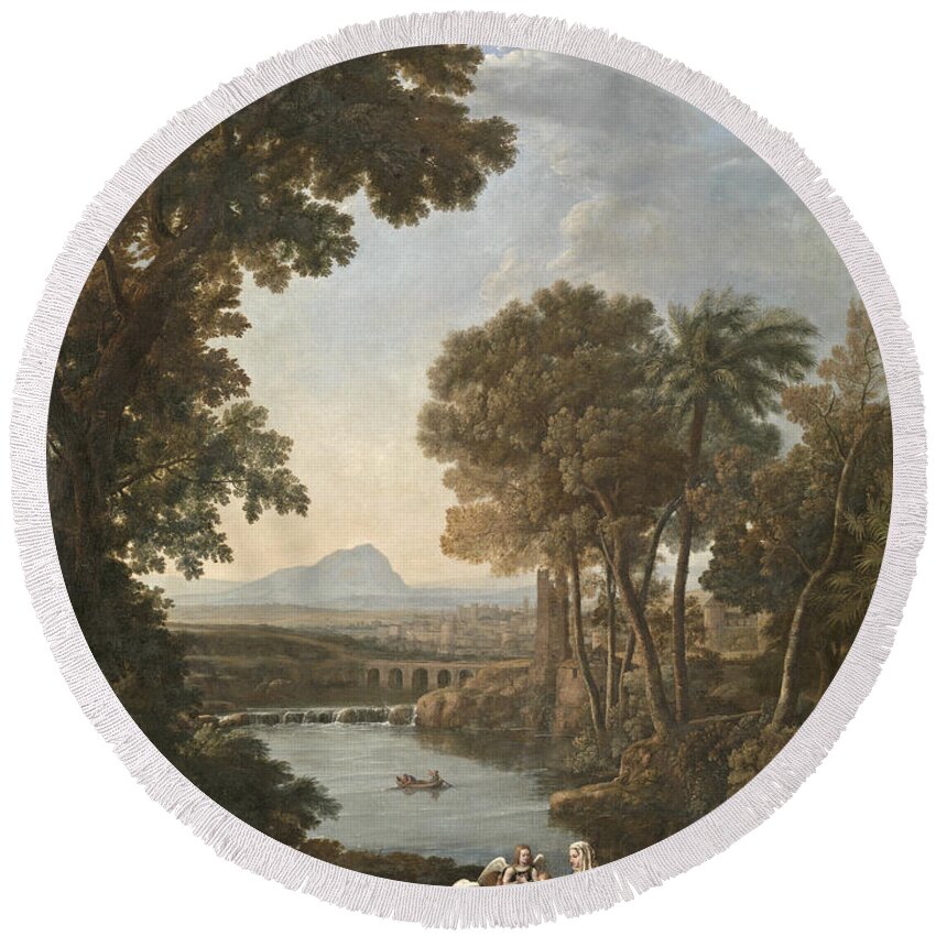 Claude Lorrain Round Beach Towel featuring the painting Rest on the Flight into Egypt #1 by Claude Lorrain