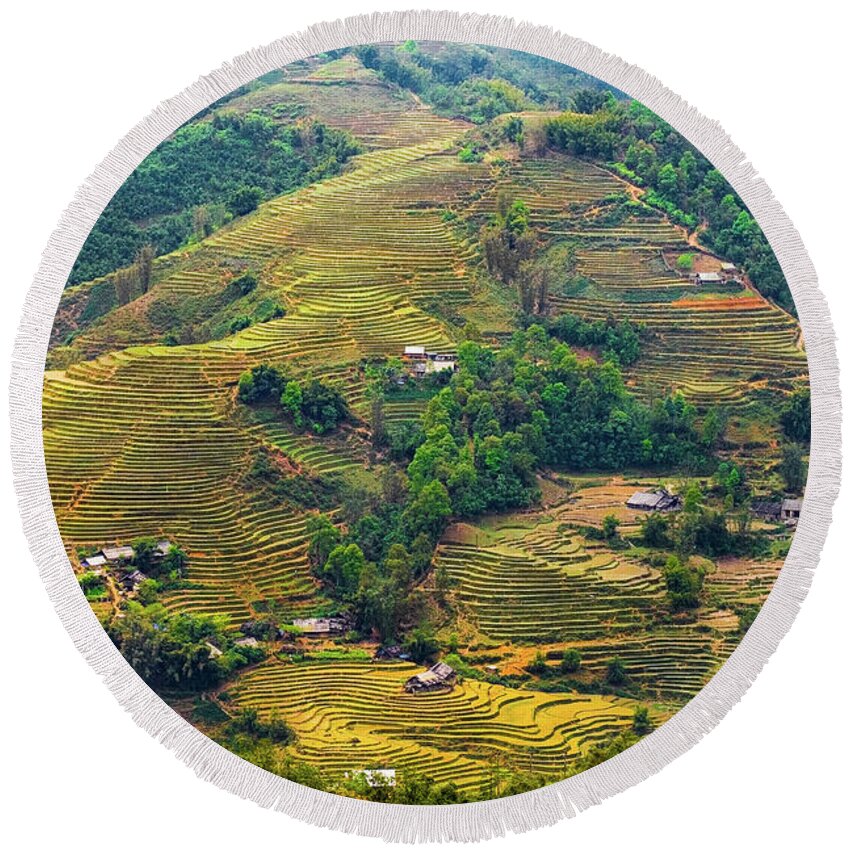 Black Round Beach Towel featuring the photograph Rice Terraces in Sapa by Arj Munoz