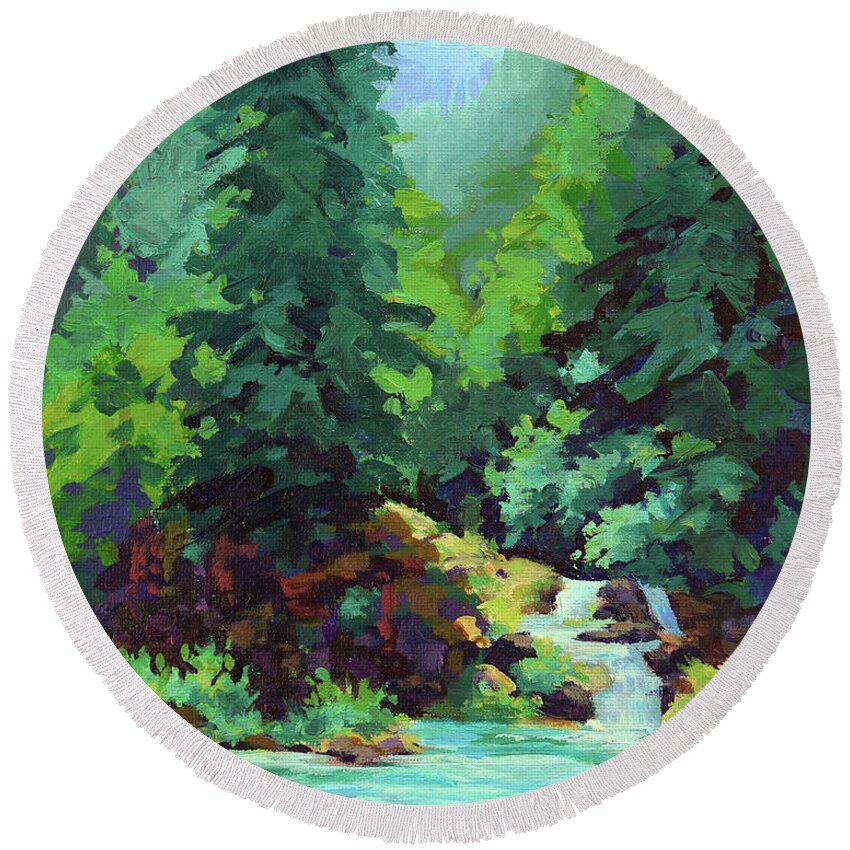 River Round Beach Towel featuring the painting River Falls #1 by Karen Ilari
