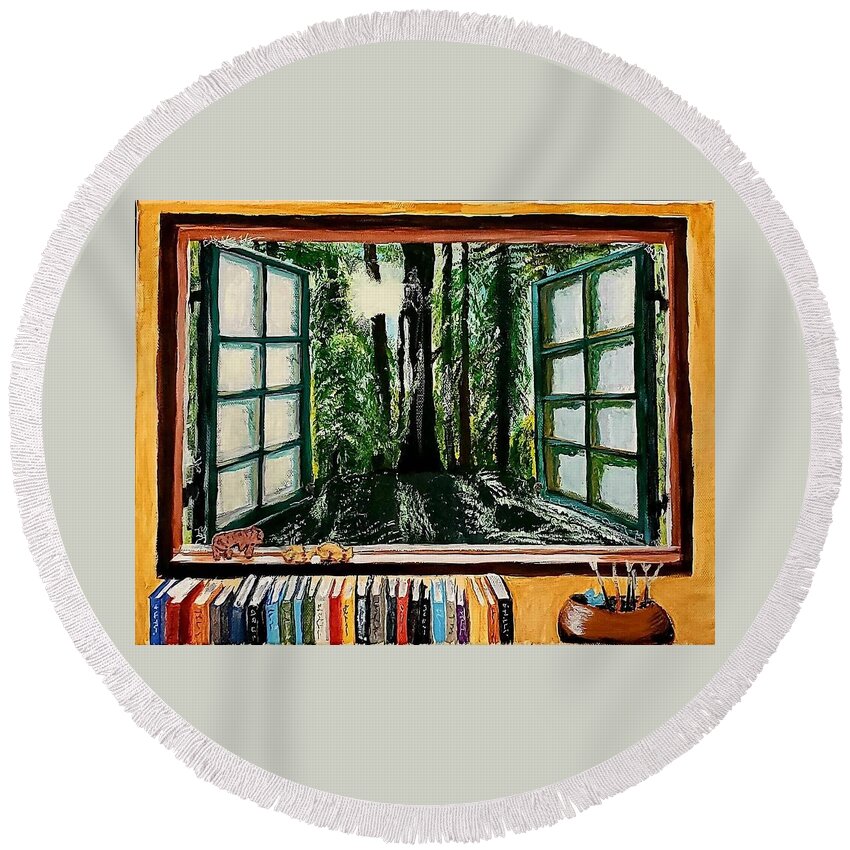 Window Round Beach Towel featuring the painting Room with a View by Amy Kuenzie