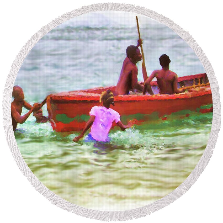 Children Round Beach Towel featuring the painting Rowboat Fun by Joel Smith