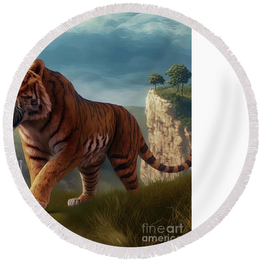 Saber Toothed Tiger Round Beach Towel featuring the digital art Saber toothed tiger or Smilodon #1 by Benny Marty