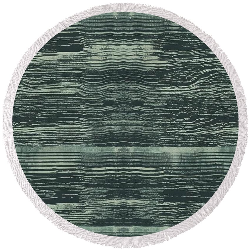Seamless Round Beach Towel featuring the painting Seamless Faded Horror Green Retro Vhs Scanlines Or Tv Signal Static Noise Pattern Television Screen Or Video Game Pixel Glitch Damage Background Texture Vintage Analog Grunge Dystopiacore Backdrop #1 by N Akkash