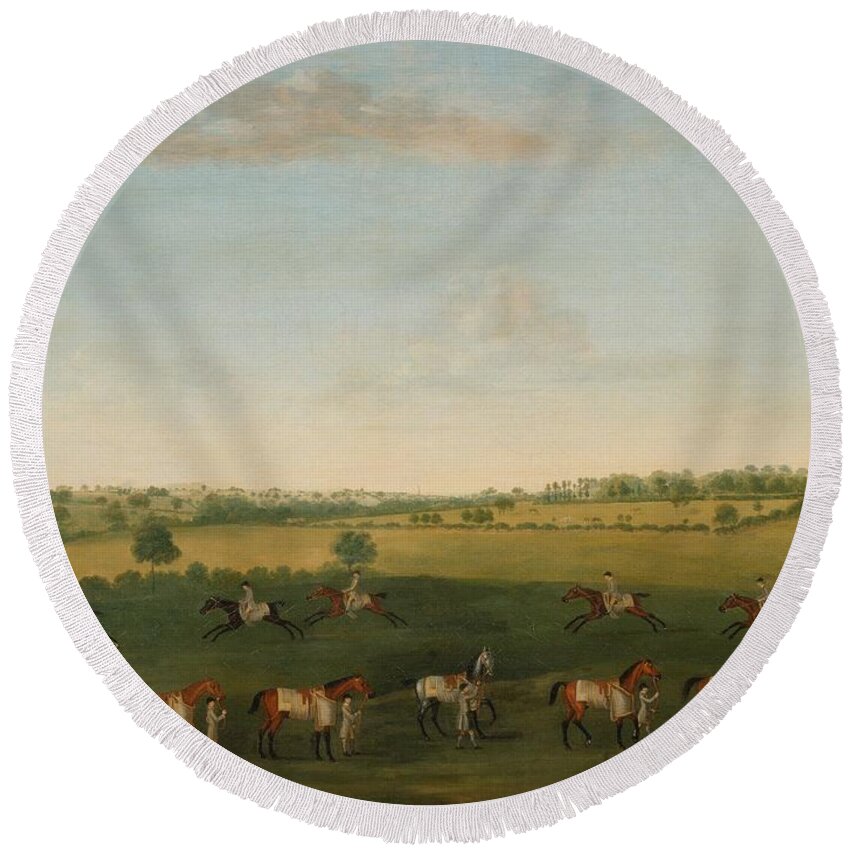 Francis Sartorius Round Beach Towel featuring the painting Sir Charles Warre Malet's String of Racehorses at Exercise by Francis Sartorius