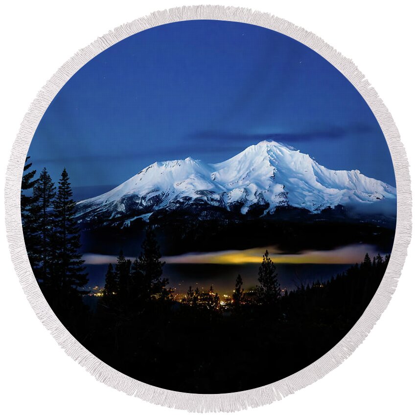 Mount Shasta Round Beach Towel featuring the photograph Small Town Lights #1 by Ryan Workman Photography