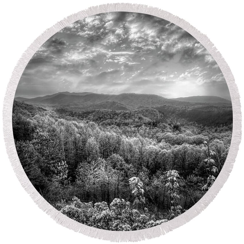 Benton Round Beach Towel featuring the photograph Smoky Mountains Blue Ridge Overlook at Sunset Black and White #1 by Debra and Dave Vanderlaan