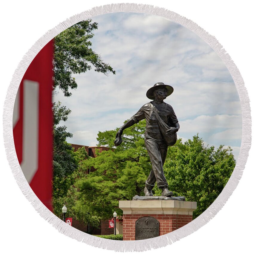 Big 12 Round Beach Towel featuring the photograph Sower Statue on the campus of the University of Oklahoma #1 by Eldon McGraw