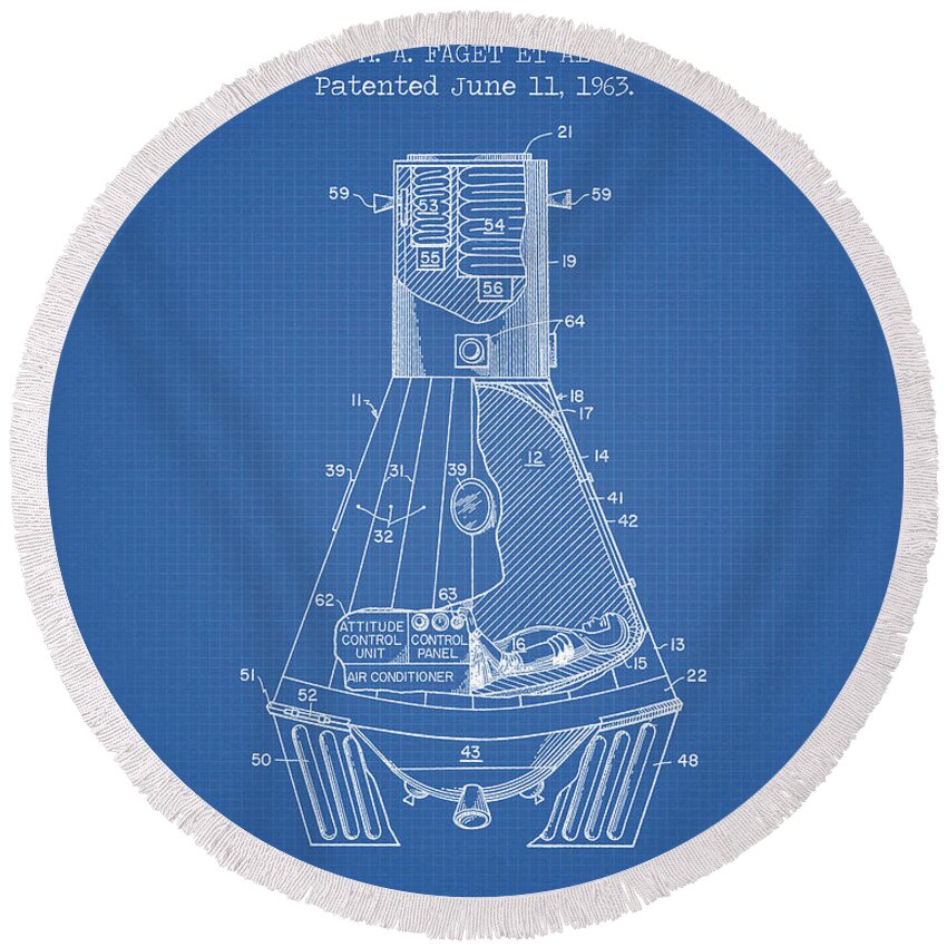 Space Capsule Patent Round Beach Towel featuring the digital art Space capsule blue patent #1 by Dennson Creative