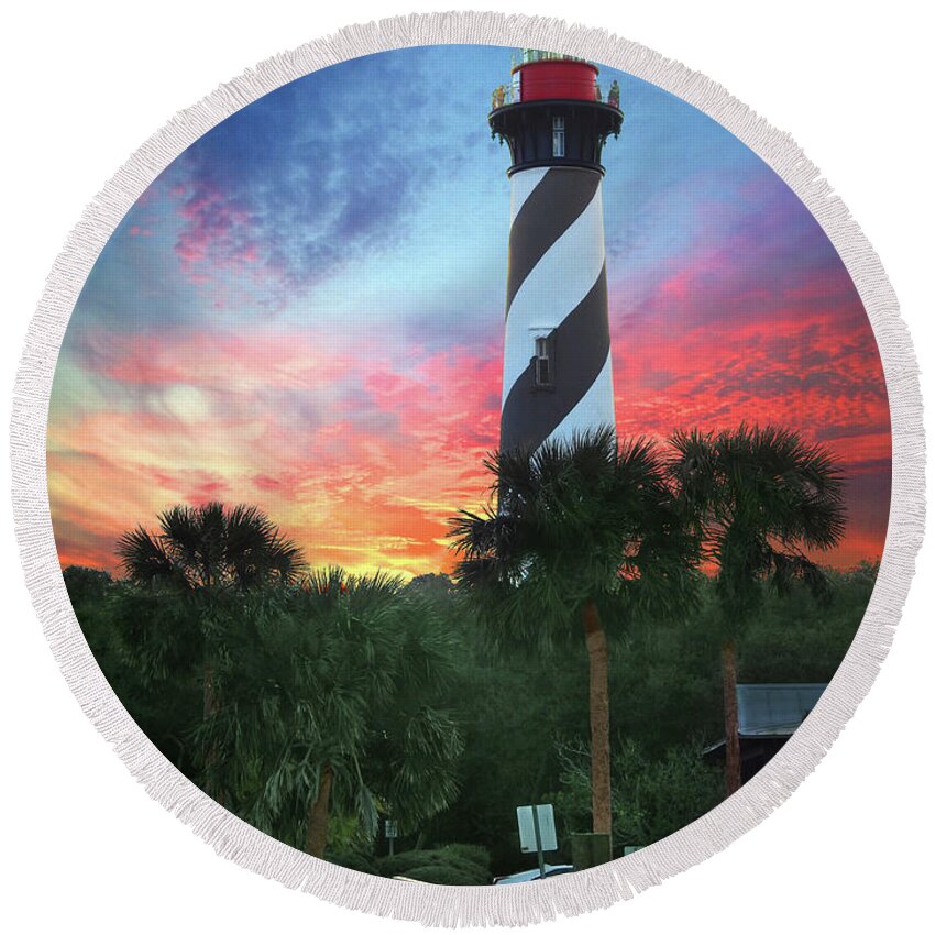 St. Augustine Round Beach Towel featuring the photograph St. Augustine Light at Sunset #1 by Rod Seel