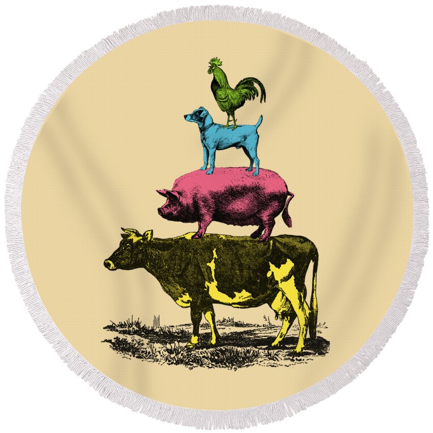 Farm Round Beach Towel featuring the digital art Stack Of Animals #1 by Madame Memento