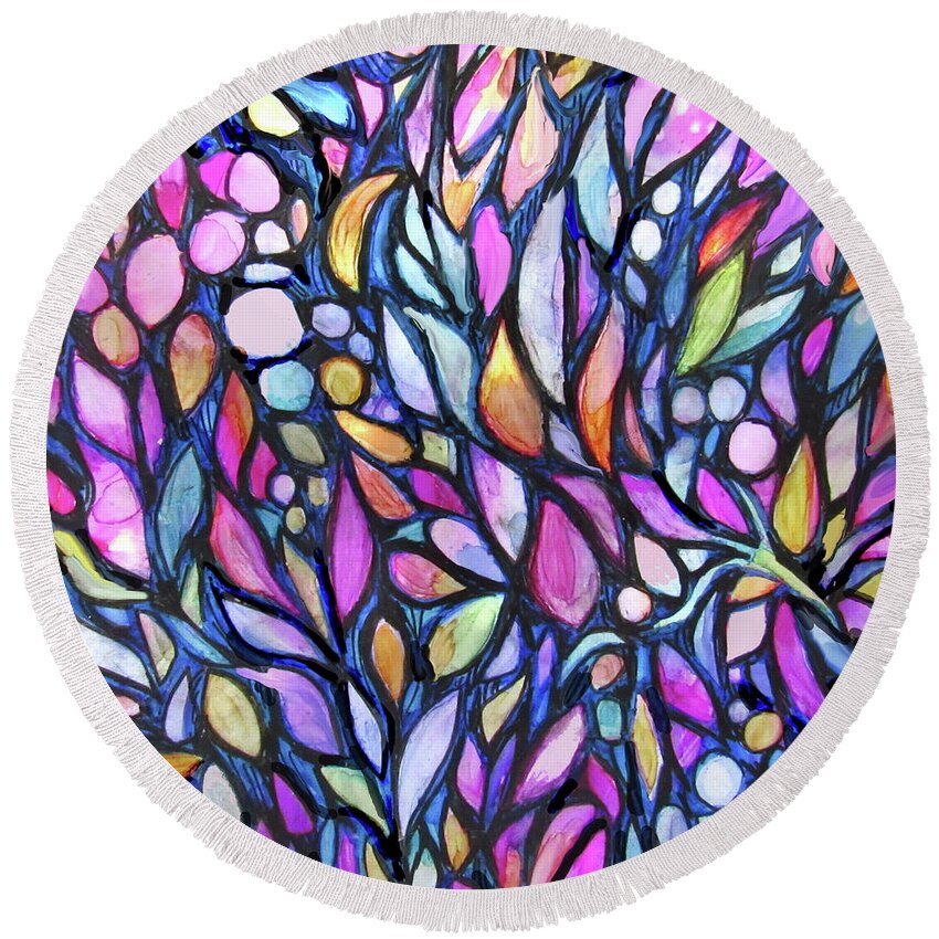 Stained Glass Designs Round Beach Towel featuring the painting Stained Glass Flowers #1 by Jean Batzell Fitzgerald