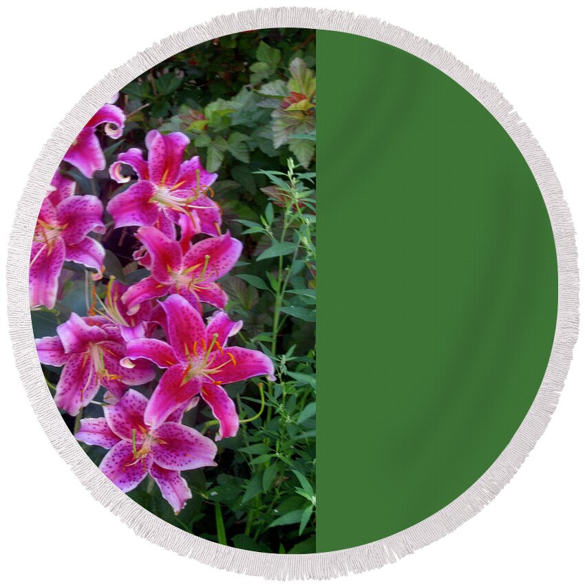 Flowers Round Beach Towel featuring the photograph Stargazer Lilies #4 by Stephanie Moore