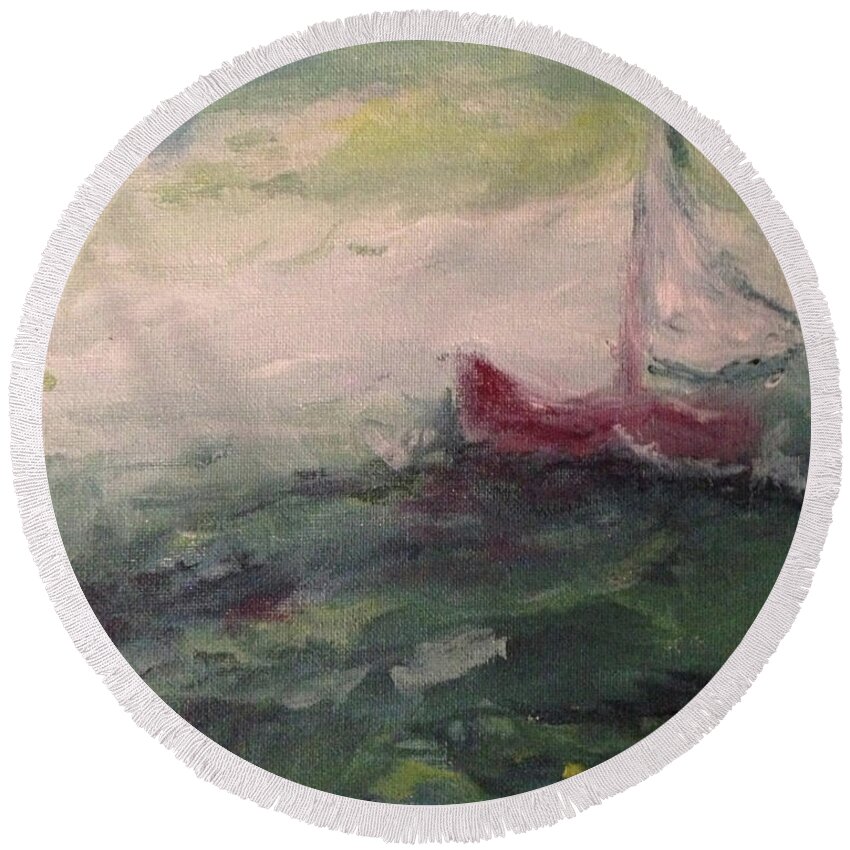 Impressionism Round Beach Towel featuring the painting Stormy Sailboat by Roxy Rich