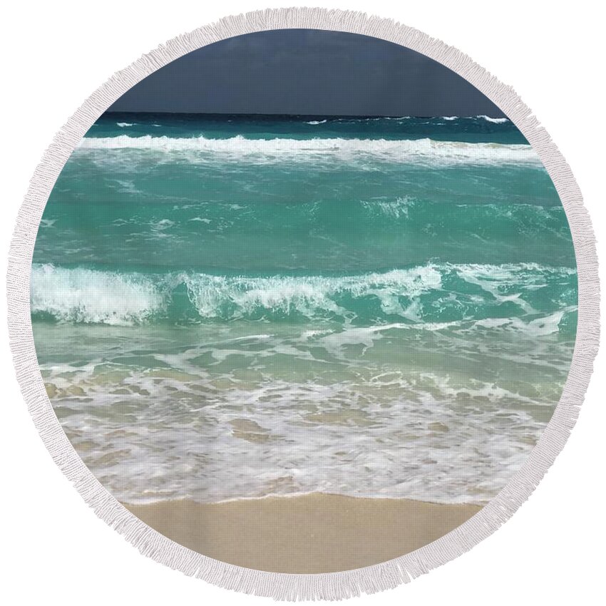  Round Beach Towel featuring the mixed media Teal Shore #2 by Cindy Greenstein