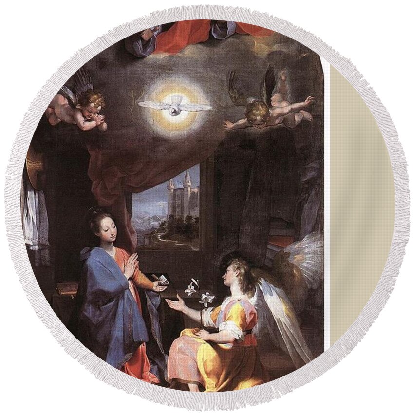 Federico Barocci Round Beach Towel featuring the drawing The Annunciation #2 by Federico Barocci