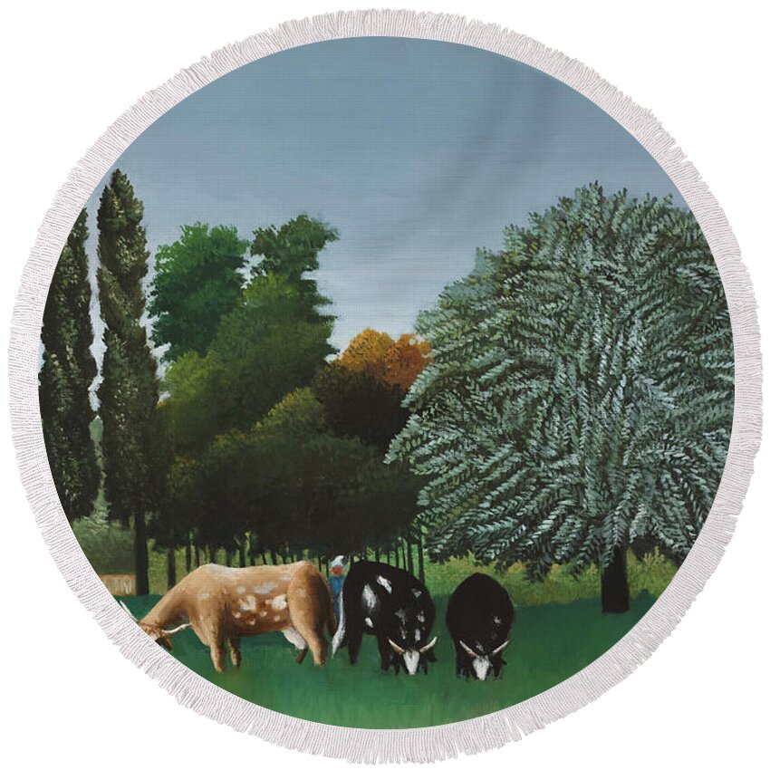 Henri Rousseau Round Beach Towel featuring the painting The Banks of the Oise by Henri Rousseau by Mango Art