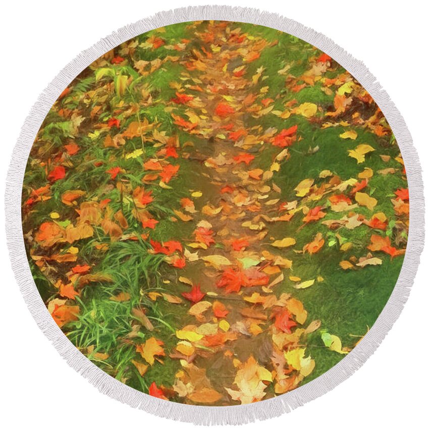 Autumn Colors Round Beach Towel featuring the photograph The Fall Trail #1 by Sandra J's