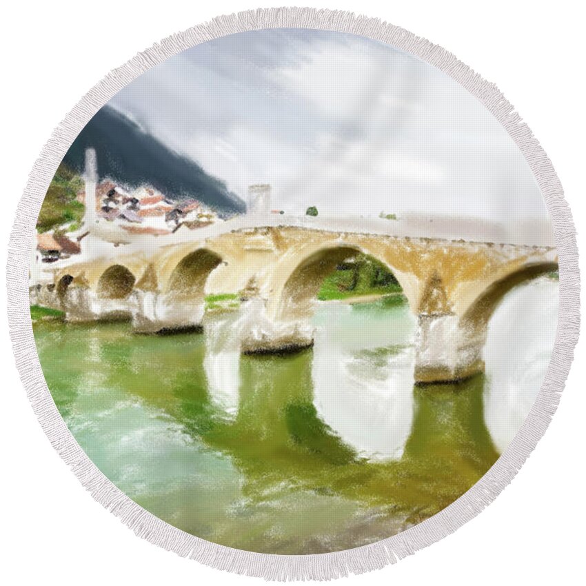 Bosnia Round Beach Towel featuring the digital art The Old Bridge in Konjic #1 by Alexey Stiop
