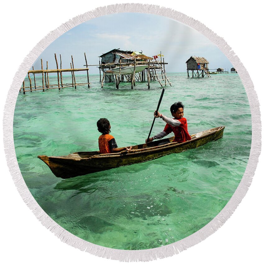 Sea Round Beach Towel featuring the photograph Neptune's Children - Sea Gypsy Village, Sabah. Malaysian Borneo by Earth And Spirit