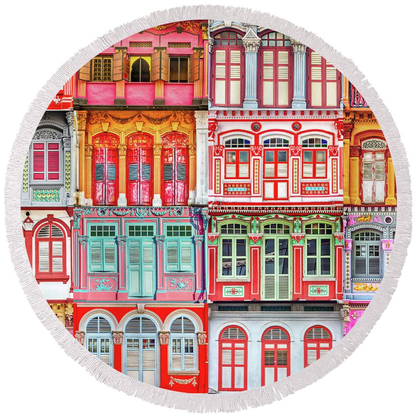 Singapore Round Beach Towel featuring the photograph The Singapore Shophouse in RED by John Seaton Callahan