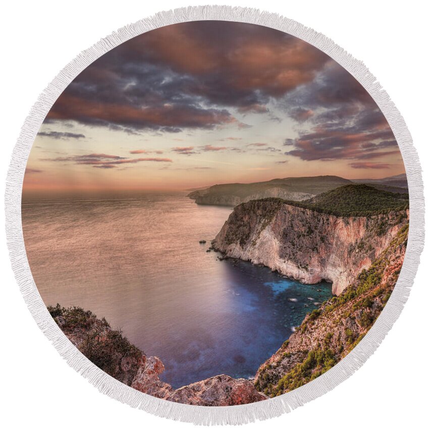 Keri Round Beach Towel featuring the photograph The sunset at Keri in Zakynthos, Greece #1 by Constantinos Iliopoulos
