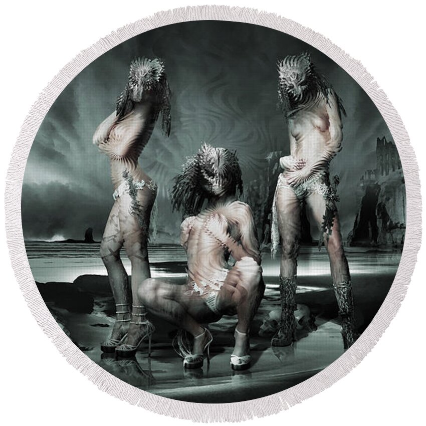 Digital Remake Metaphor Neosurrealism Art Picture Round Beach Towel featuring the digital art The Three Graces Remake Gods and Heroes by George Grie