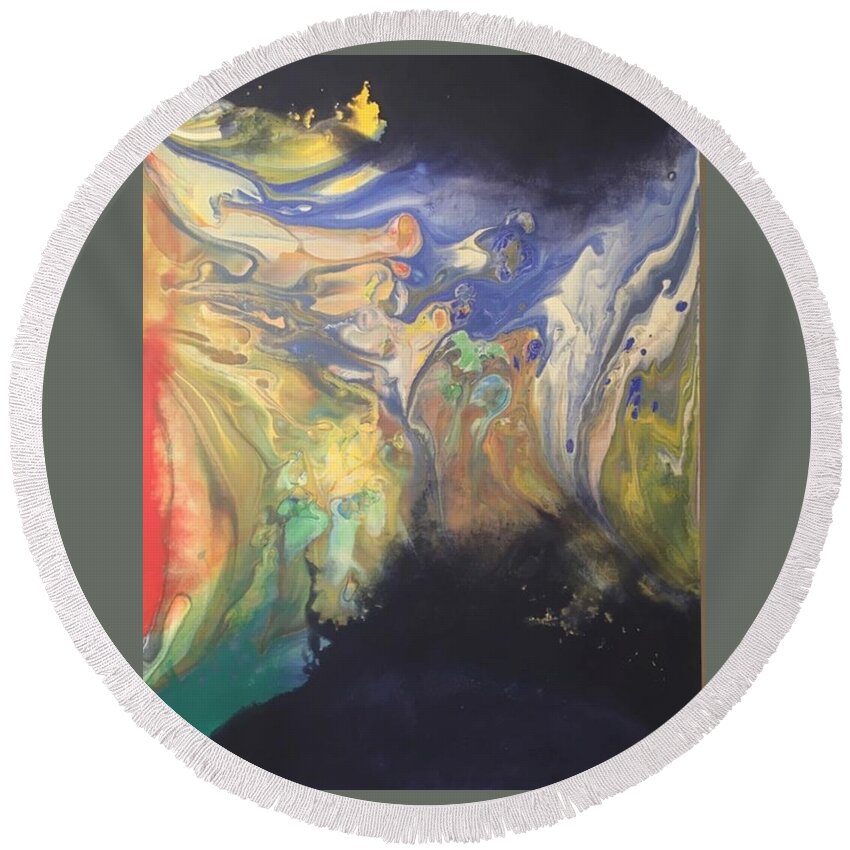 Abstract Round Beach Towel featuring the painting THOUGHTS from the Blue #1 by Ron Durnavich