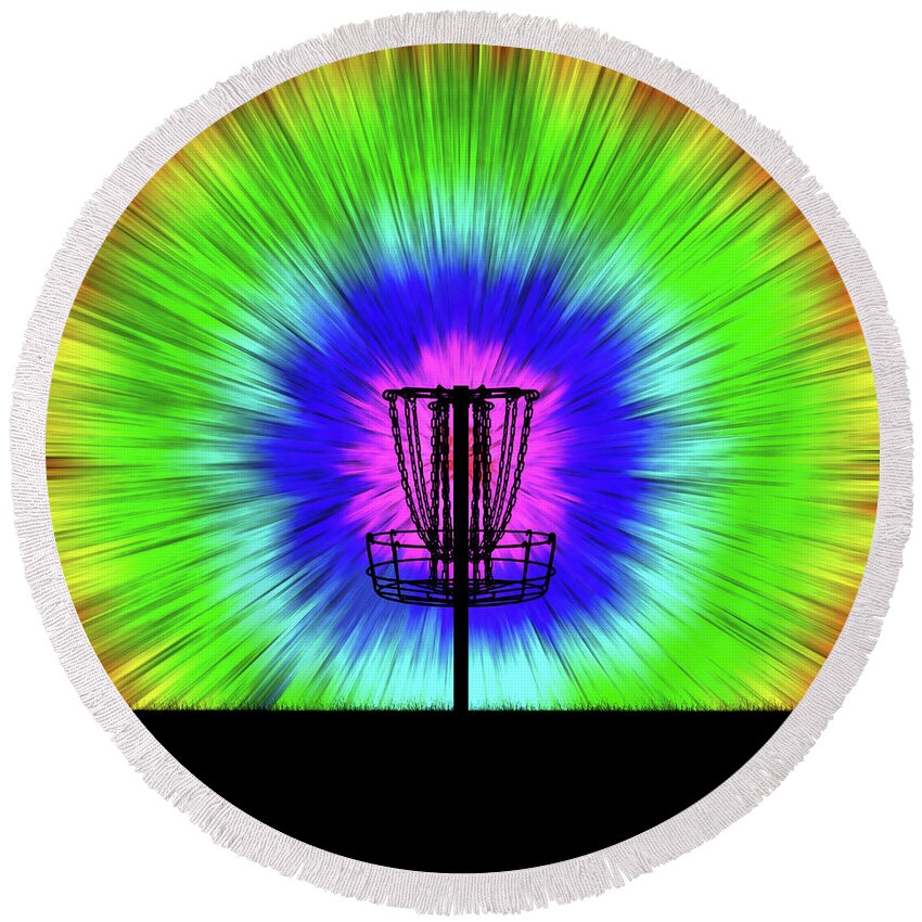 Disc Golf Round Beach Towel featuring the digital art Tie Dye Disc Golf Basket by Phil Perkins