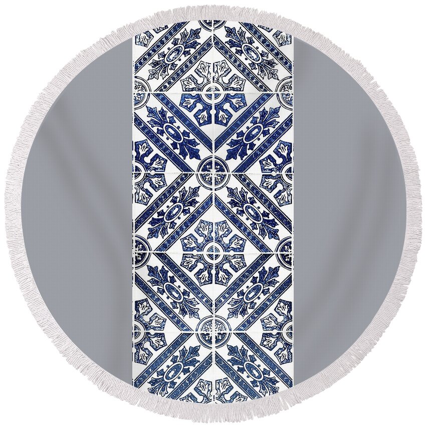 Blue Tiles Round Beach Towel featuring the digital art Tiles Mosaic Design Azulejo Portuguese Decorative Art IX by Irina Sztukowski