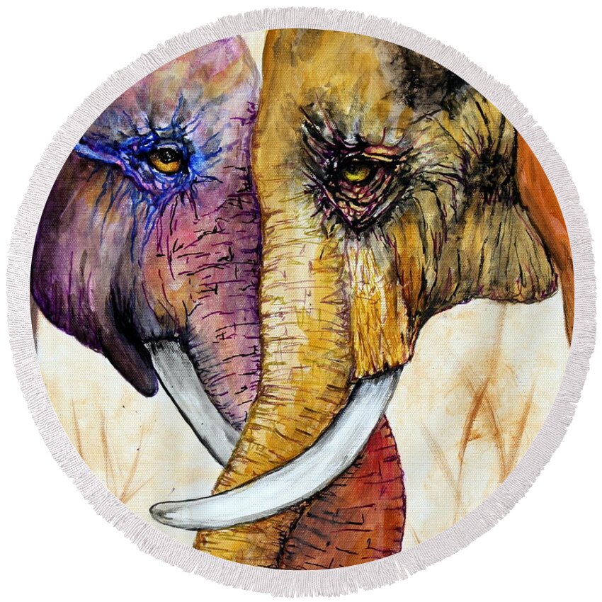 Elephants Round Beach Towel featuring the painting Together Forever #1 by Maria Barry