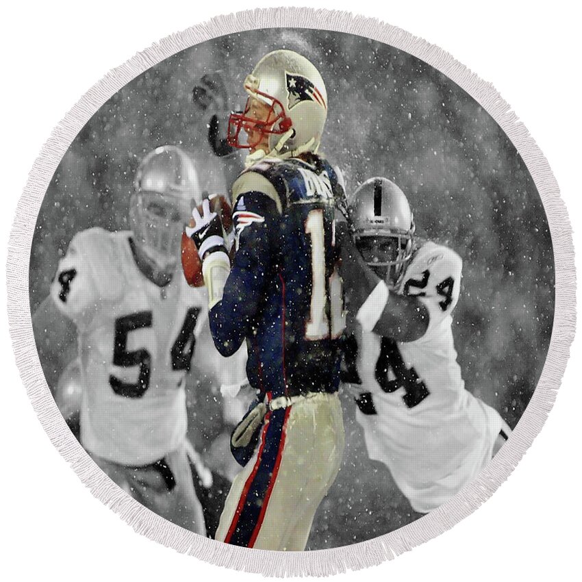 Tom Brady Round Beach Towel featuring the mixed media Tom Brady Wrapped Up #2 by Brian Reaves