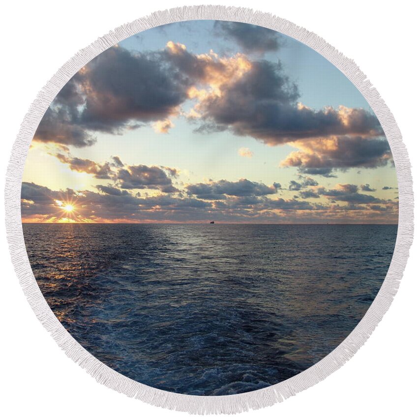 #gulfofmexico #underway #highseas #evening #dusk #sunset #nightfall #clouds #cloudy #tealskies #peachskies #wake #sprucewoodstudios Round Beach Towel featuring the photograph Trails in the Sea by Charles Vice