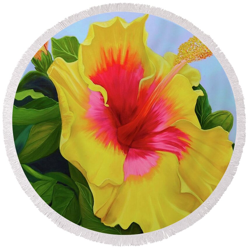 Tropical Hibiscus. Yellow Flower Round Beach Towel featuring the painting Tropical Hibiscus #1 by Connie Rish