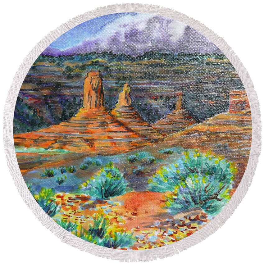 Acrylic Painting On Canvas Board For Sale. Subject Is Valley Of The God's On Hopi/navajo Reservation In Arizona.( Light Reflection From Photo Taken In Sunlight.) Round Beach Towel featuring the painting Valley of the gods #1 by Annie Gibbons