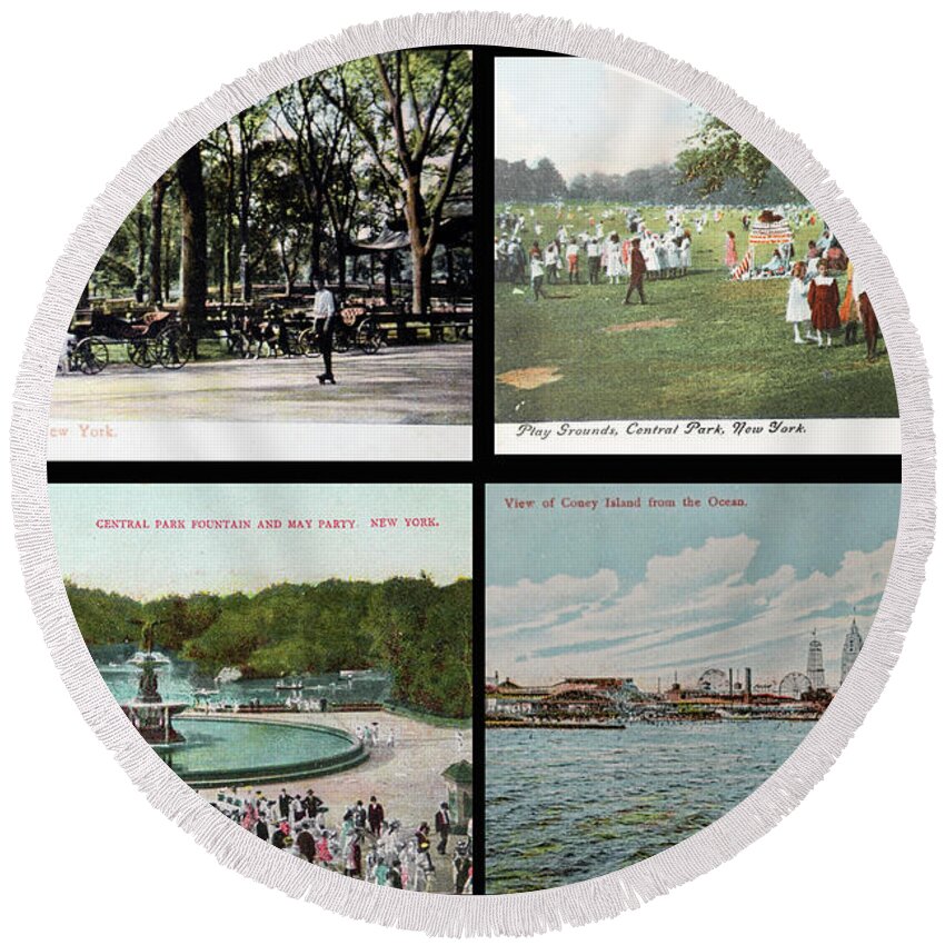 New York Round Beach Towel featuring the photograph Various places in New York early 1900's by Patricia Hofmeester