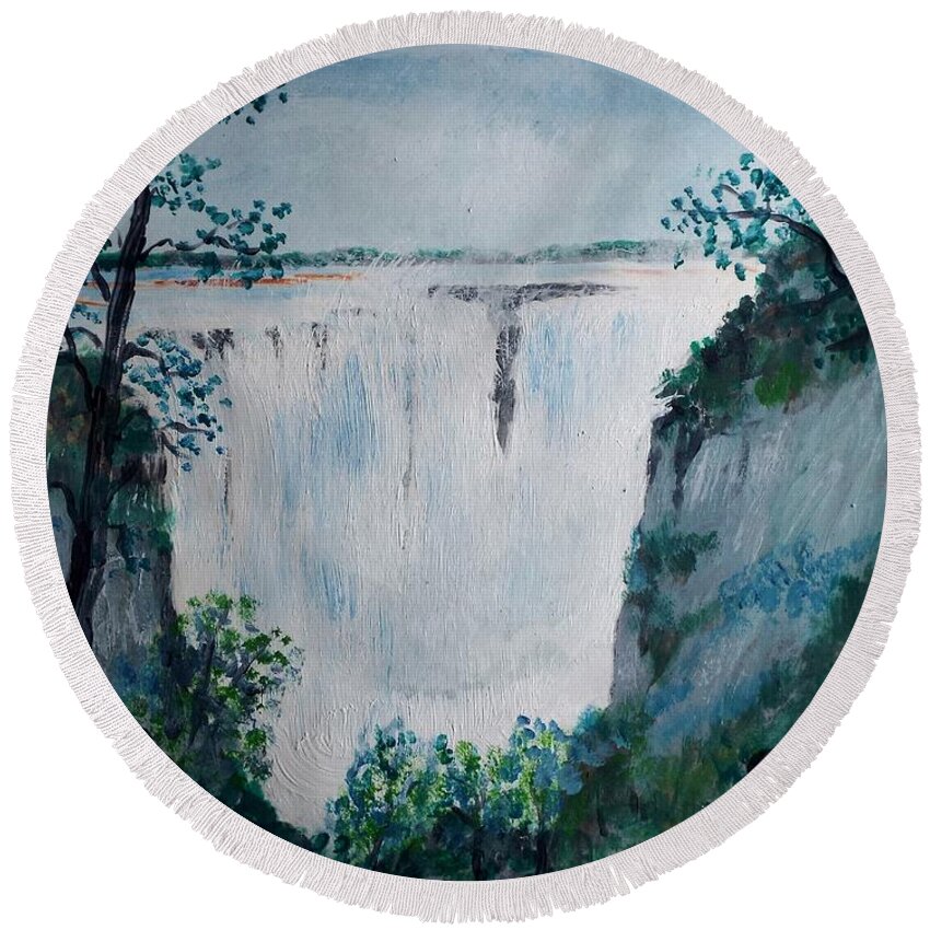 Landscape Round Beach Towel featuring the painting Victoria Falls #1 by Charles Ray