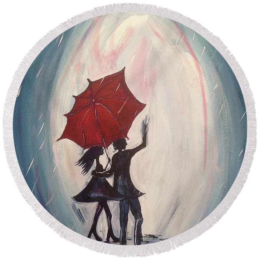 Lovers Round Beach Towel featuring the painting Walking in the Rain by Roxy Rich