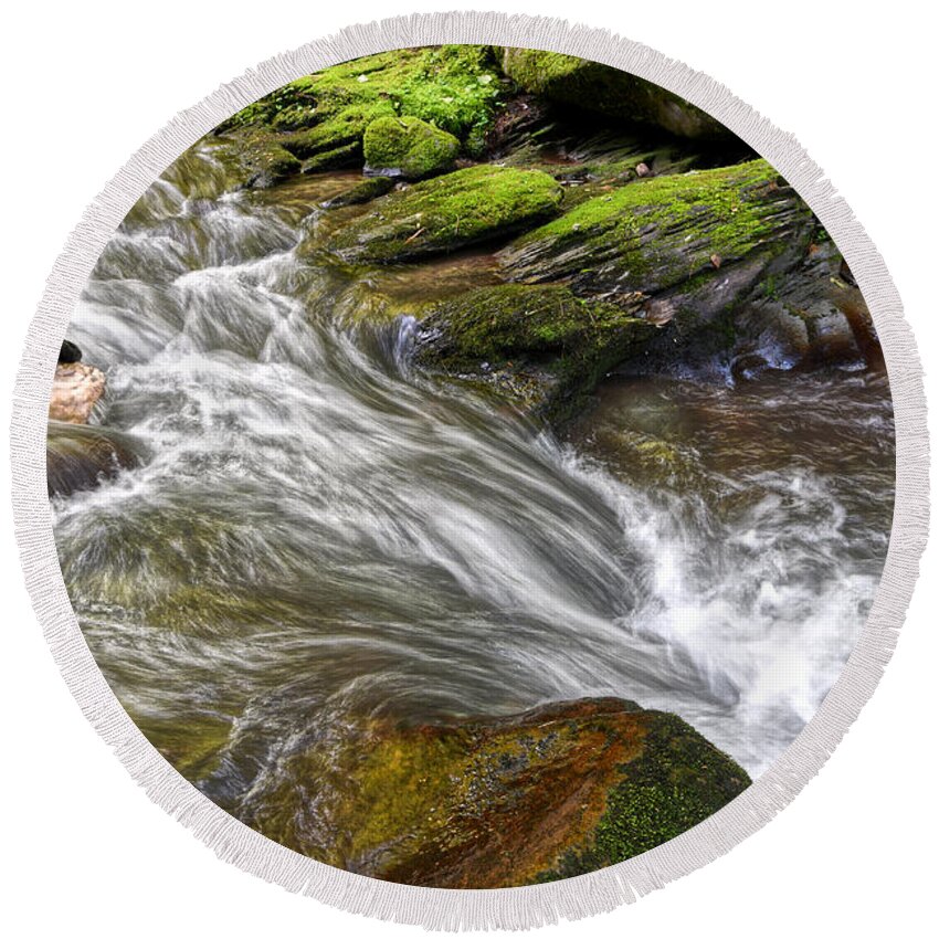 Waterfall Round Beach Towel featuring the photograph Water And Moss by Phil Perkins