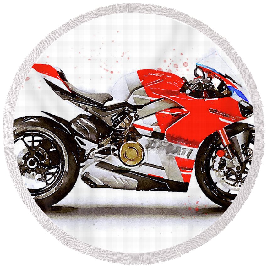 Sport Round Beach Towel featuring the painting Watercolor Ducati Panigale V4S motorcycle, oryginal artwork by Vart #1 by Vart Studio